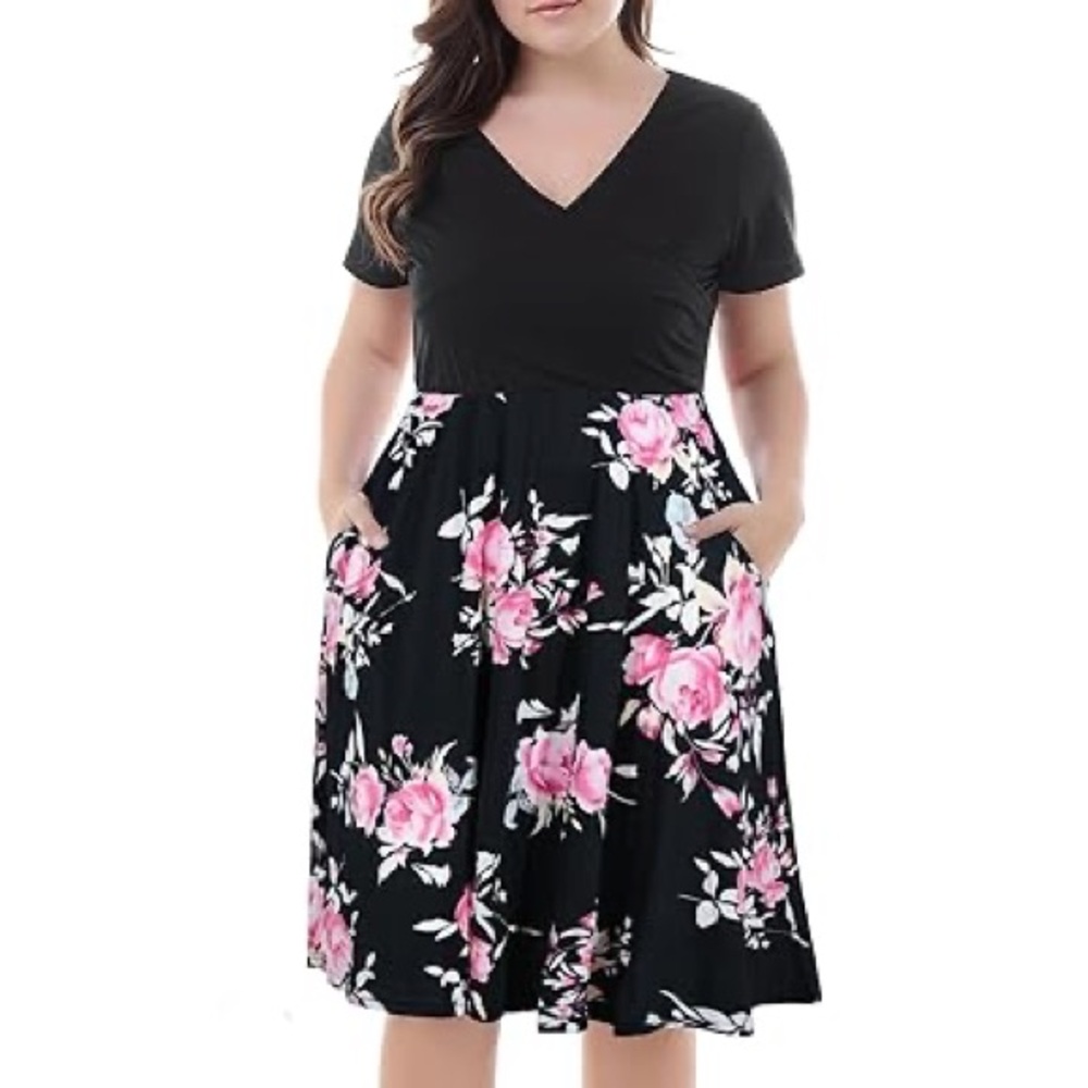 (A10) NWT Nemidor Black Pink‎ Floral Casual Lifestyle Curvy Plus Dress 22